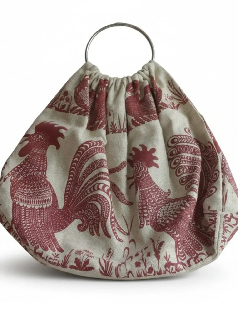 Vintage Rooster Bird Tapestry Ring Handle Bag Removable Cream Red Large